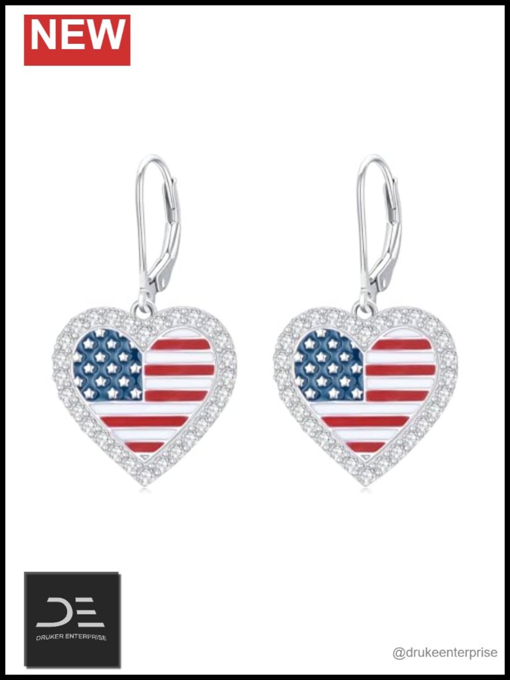 925 Sterling Silver American Flag Dangle Earrings Patriotic Independence Day